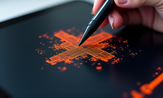 Close-up of a detailed technical logo hand-drawn in Procreate