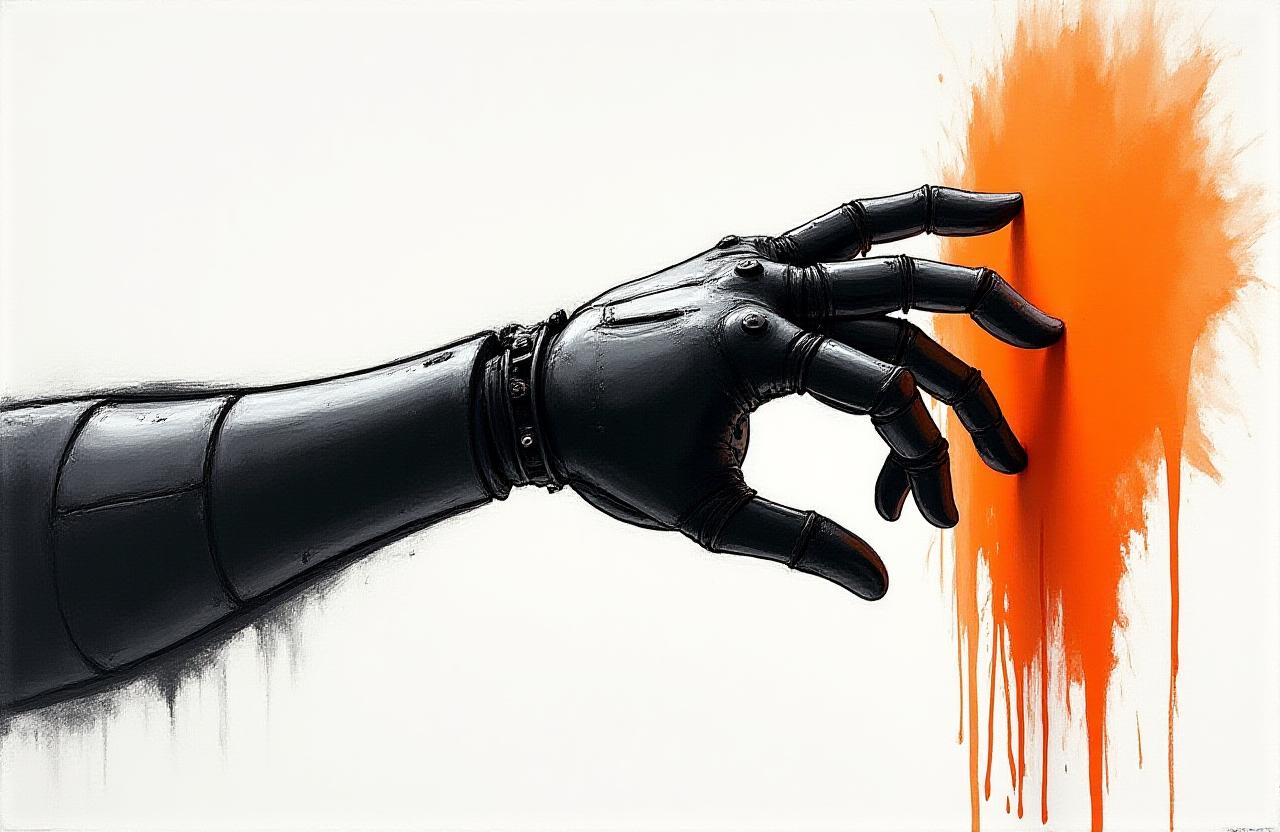 Editorial illustration of a robotic arm in charcoal style